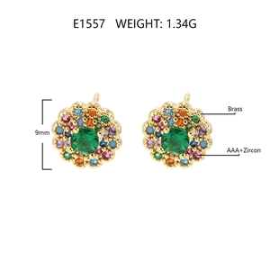 Green zircon flower stud earring in brass with multi-color stone halo, 9mm diameter