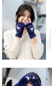 Detail of navy blue faux mink fingerless gloves featuring cute pink cat paw flap design