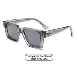 Modern square transparent grey sunglasses with dark grey lenses and silver arrow detail