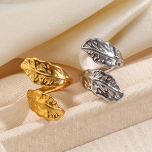 Exaggerated Leaf Feather Adjustable Ring Stainless Steel Open Textured Hip Hop Fashion Jewelry For Women
