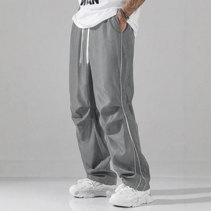 Men's loose straight-leg grey cargo pants with side white stripes and techwear style