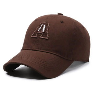 Dark brown cotton baseball cap with white letter A embroidery in a classic sports style