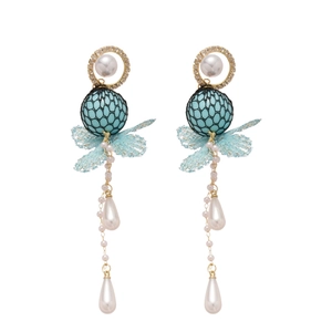 Bohemian silver needle drop earrings with blue mesh beads and delicate silk bows