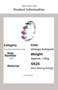 Macro detail of S925 sterling silver ring with colorful zircons and weight parameters