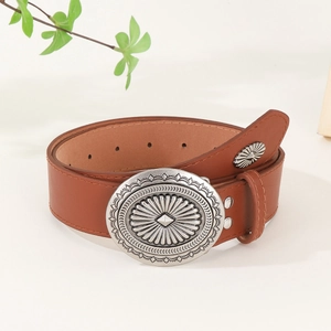 Vintage brown leather belt for women with large carved silver round buckle decoration