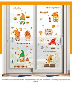 Detailed view of Thanksgiving window stickers featuring festive gnomes and autumn pumpkins