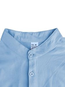Close-up of light blue stand-up collar with M-size label and polyester fabric detail