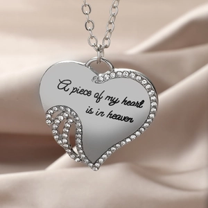 Silver Angel Wing Heart Necklace with engraving 'A piece of my heart is in heaven'