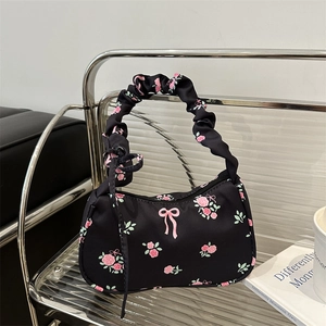 Floral Print Underarm Bag For Women Sweet Rose Pattern Bow Ribbon Decor Fabric Nylon Ruffled Scrunchie Shoulder Strap
