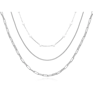 Three-layer silver stainless steel necklace with classic pearls and paperclip chain