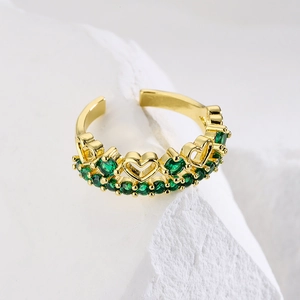 18K gold-plated double-layer crown ring with green zircon and hollow heart design