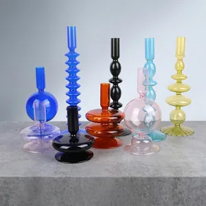 Glass Candle Holder Vintage Geometric Colorful Borosilicate Candlestick For Desktop Home Decor Party Wedding Dinner