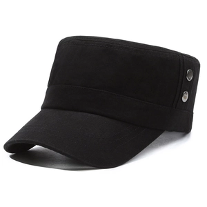 Classic black cotton flat top army cap with metallic side buckles and sturdy visor