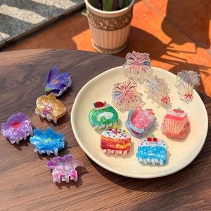 Mini Hair Claws Small Acrylic Acetate Clips Cartoon Flower Cake Fireworks Shape Colorful Hair Accessories For Women Girls