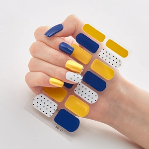 3D-Nagelaufkleber selbstklebend in Dunkelblau, Gelb und Polka-Dots, Modell DQ-41 Design
