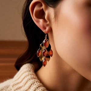 Detail of 18K gold plated vintage leaf earrings with amber glass waterdrop pendants on model