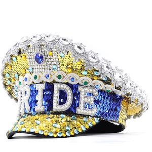 Rhinestone Sequin Captain Hat Bride Artificial Pearl Faux Jewelry Navy Cap Wedding Bachelorette Party Festival Performance Accessory