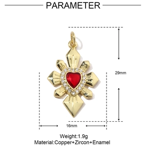 Detailed parameter chart showing 29mm by 16mm size for red enamel heart pendant