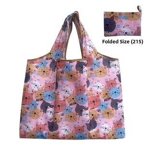 Foldable pink shopping bag with cartoon cat print and its compact folded view