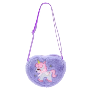 Close-up of purple heart-shaped plush crossbody bag with embroidered unicorn and pink bow