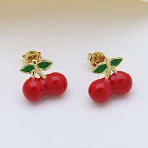 Fashionable cherry stud earrings with red enamel fruits and green leaves on gold stems