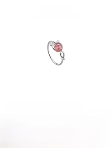 Detail view of S925 silver cat-ear ring featuring a pink strawberry quartz gem inlay