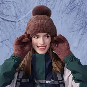 Winter knit hat and plush glove set for women featuring faux fur pom and warm lining