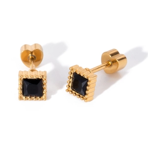 Detail of square black gemstone stud earrings with gold beaded edges and heart backs