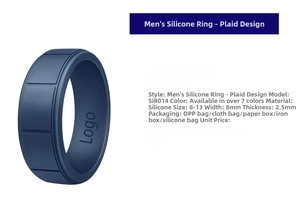 Detail of blue men's silicone ring with plaid pattern, 8mm width and internal logo engraving