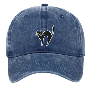 Cappellino da baseball in cotone lavato blu navy con ricamo a gatto per il tempo libero