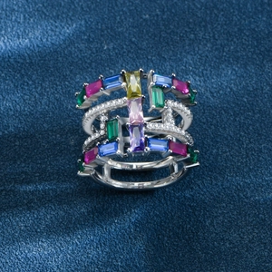 Luxurious S925 sterling silver wide ring with colorful rectangular zircons and crystals