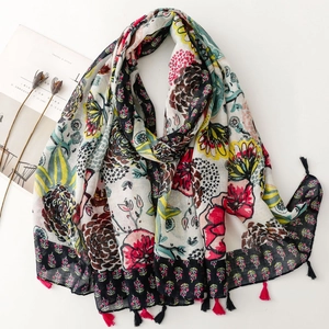 Floral Print Scarf Cotton Linen Feel Lightweight Sun Protection Shawl With Tassels Colorful Bohemian Beach Wrap For Women