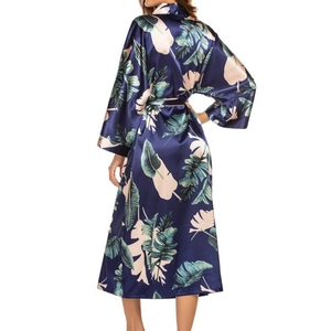 Women's navy blue tropical leaf print satin long robe with waist tie and kimono sleeves