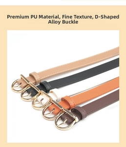 Close-up of five thin PU leather belts with gold D-shaped alloy buckles in various colors