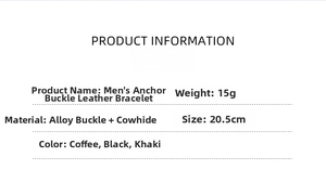 Detailed product specifications for vintage men's leather anchor bracelet in various colors