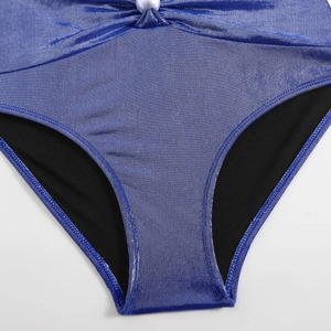 Detail of blue shimmering swimwear fabric with pearl waist buckle and metallic finish