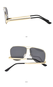 Side and back view of classic gold metal aviator sunglasses with dark gray lenses