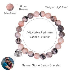 Pink zebra stone bracelet with heart photo projection charm and 8mm adjustable beads