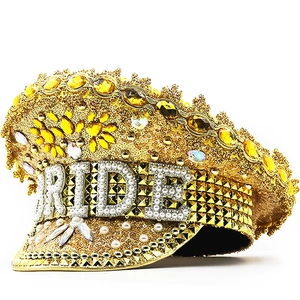 Golden sequins bride military captain hat with pearls and rhinestones for wedding party