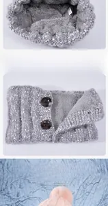 Detail of gray knitted scarf with warm plush lining and 100% acrylic material tag