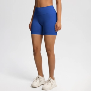 Detail of high waisted seamless biker shorts in royal blue with ribbed tummy control