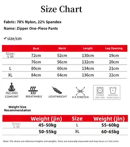 Tableau des tailles détaillé pour body à manches courtes avec zip et mesures de tissu
