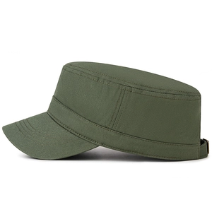 Unisex army green cotton flat top cadet hat with adjustable metal buckle for outdoor wear