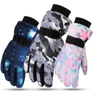 Waterproof skiing gloves with adjustable wrist straps and windproof cuffs in various patterns