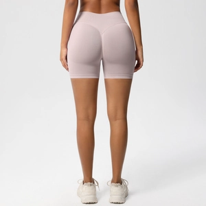 Detail of high waist seamless fitness shorts with peach lift V-stitch in light purple
