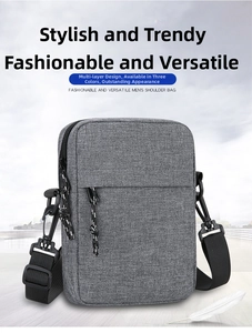 Detailed view of the multi-layer storage and textured fabric of the gray crossbody bag