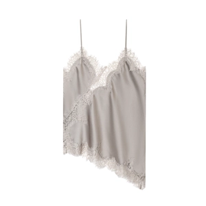 Elegant grey silk camisole for women with delicate lace trim and irregular hemline