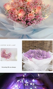 Detailed view of flexible warm white LED copper wire lights wrapping flower bouquets