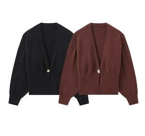 Detailed flat lay of V-neck knit cardigans in black and brown with metal button