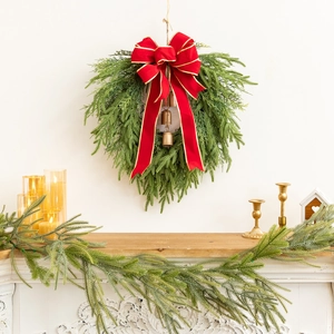 Christmas Wreath With Red Velvet Bow And Metal Bells Artificial Pine Needle Garland Vintage Home Decoration